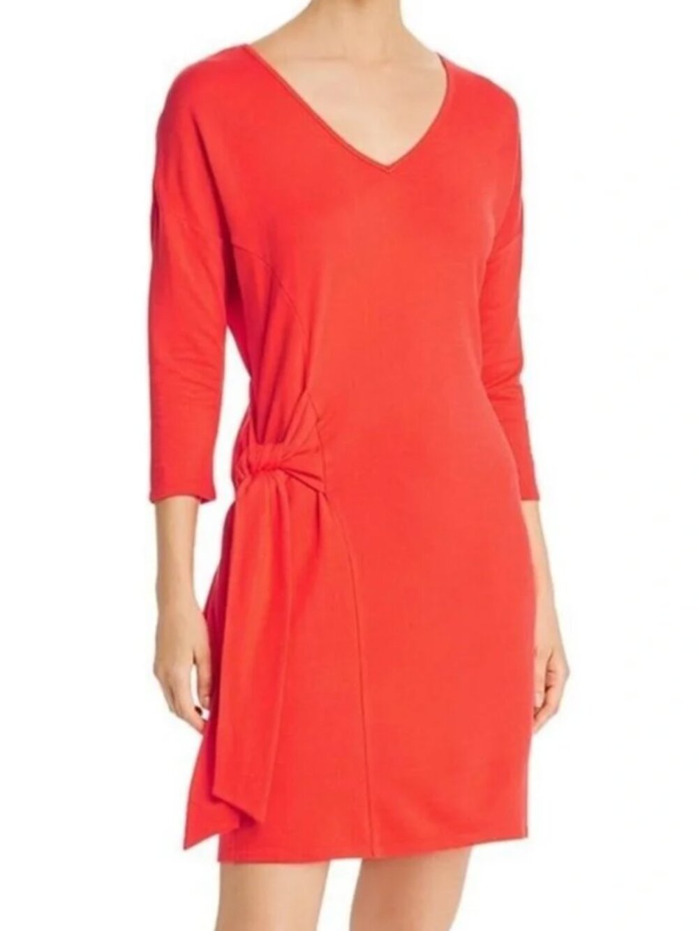 TOMMY BAHAMA Silky French Terry Dress Red V-Neck 3/4 Sleeve Bow Tie Side Summer